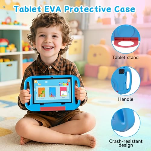 Image of Android 15 Kids Tablet 10.1 inch, 12GB RAM 64GB ROM, 2.0GHz Processor, 6000mAh Battery, Dual 2MP+8MP Camera, Shockproof EVA Silicone Case, Toddler Educational Learning Tablet PC (Blue)