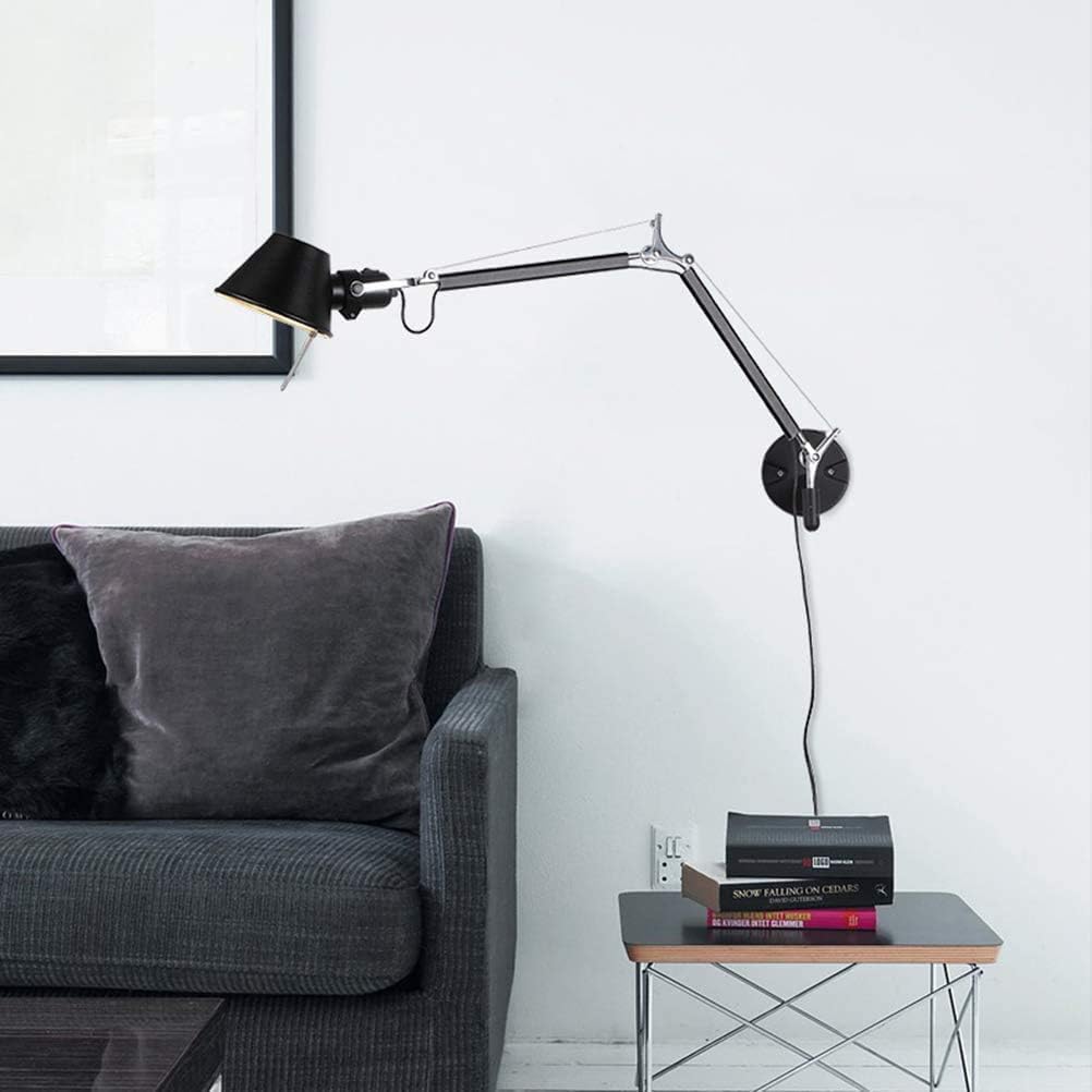 AoLa Wandleuchte Verstellbar Vintage Schwenkbar Wandlampe mit Schalter und Stecker Innen E27 Lange Arm Wand Leselampe Drehbar Schwarz Nachttischlampe mit 1.5M Kabel, für Schlafzimmer Wohnzimmer,36CM