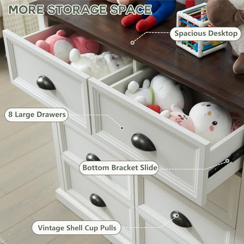 IFGET Farmhouse 8 Drawer Dresser for Bedroom, 39\" Tall Dressers & Chests of Drawers, 42\" Wide Dressers Organizer Storage, Wood Rustic Bedroom Dresser for Closet, Living Room, Hallway, White - Thumbnail 4