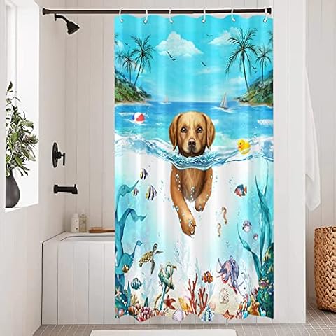 Accnicc Stall Funny Dog Shower Curtain Set Blue Teal Sea Ocean Waterproof Fabric Shower Curtains for Bathroom Watercolor Beach Animal Turtle Fish Starfish Octopus Bath Curtain (Yellow, 36'' × 72'') Cover
