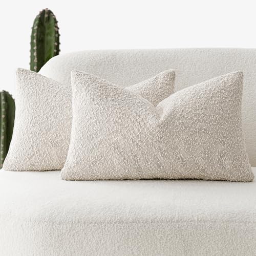 Image of Foindtower Pack of 2 Textured Boucle Throw Pillow Covers Accent Solid Lumbar Pillow Cases Cozy Soft Decorative Couch Cushion Case for Chair Sofa Bedroom Living Room Home Decor, 12 x 20 Inch,Beige
