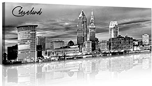 Image of Cleveland Skyline Decor Wall Art,Black and White Canvas Prints 13.8 inchx47.3 inch | Night View USA Cityscape Panoramic Painting for Bedroom Office Framed and Ready to Hang