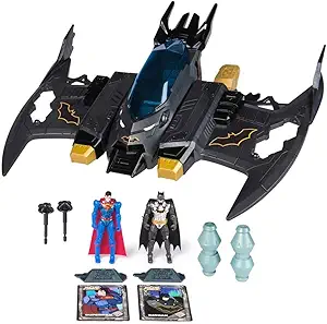 DC Comics, Metal Force Transforming Batwing, 2-in-1 Playset, Includes Batman and Superman Figures, with Projectiles and Character Cards, Kids Toy for Boys Ages 4 and Up