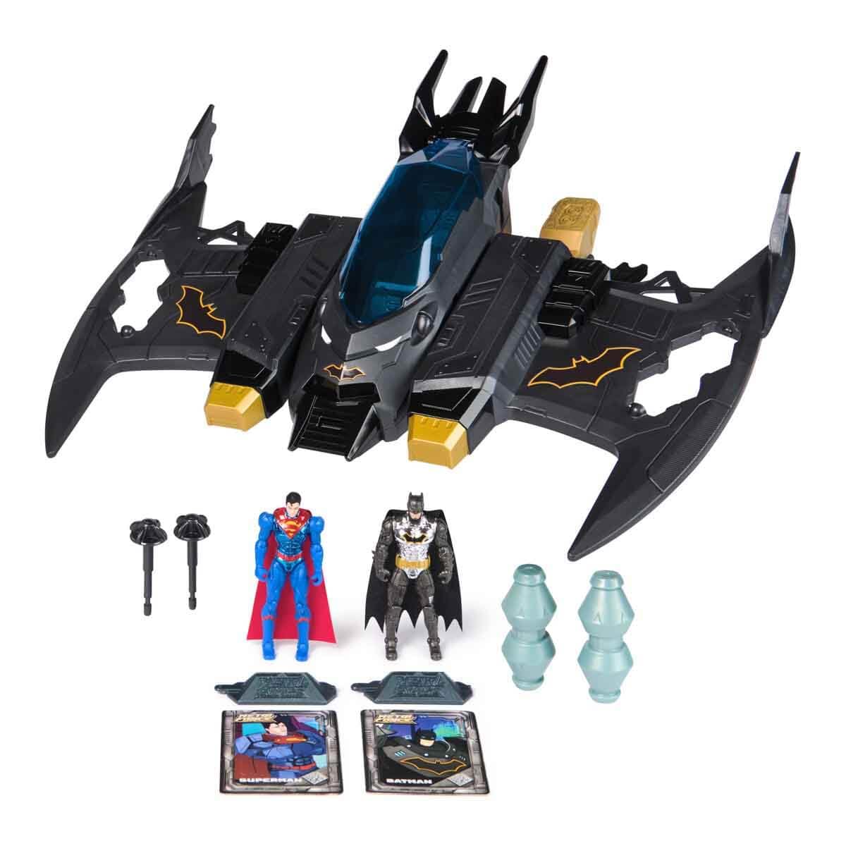 DC Comics, Metal Force Transforming Batwing, 2-in-1 Playset, Includes Batman and Superman Figures, with Projectiles and Character Cards, Kids Toy for Boys Ages 4 and Up