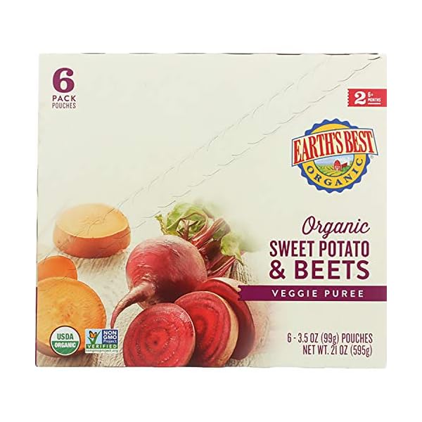 Earths-Best-Organic-Stage-2-Baby-Food-Sweet-Potato-Beets-35-Oz-Pouch-Pack-of-12 Earth's Best Organic Baby Food Pouches, Stage 2 Vegetable Puree for Babies 6 Months and Older, Organic Sweet Potato and Beets Puree, 3.5 oz Resealable Pouch (Pack of 12)