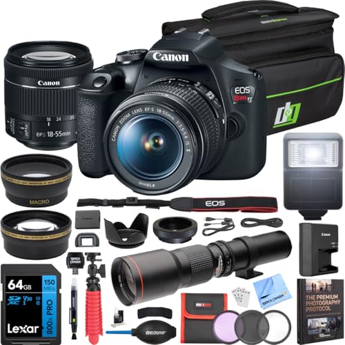 Canon EOS Rebel T7 Digital SLR Camera 18-55mm f/3.5-5.6 is II Kit Bundle with 500mm Preset Telephoto Lens, Camera Bag, 64GB Memory Card, Photography Pro Guidebook and Accessories (13 Items)