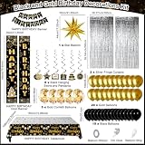 Black and Gold Birthday Decorations for Men Women, Happy Birthday Decorations Gold and Black Party Decoration Kit, Happy Birthday Banner Balloons Tablecover Fringe Curtain Swirls, Mens Man Bday Decor