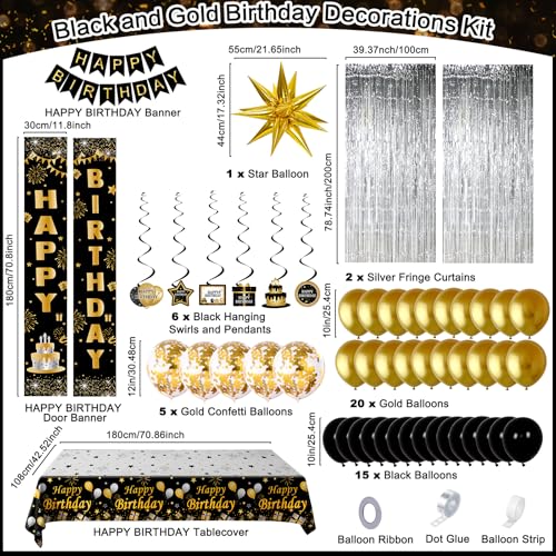Black and Gold Birthday Decorations for Men Women, Happy Birthday Decorations Gold and Black Party Decoration Kit, Happy Birthday Banner Balloons Tablecover Fringe Curtain Swirls, Mens Man Bday Decor