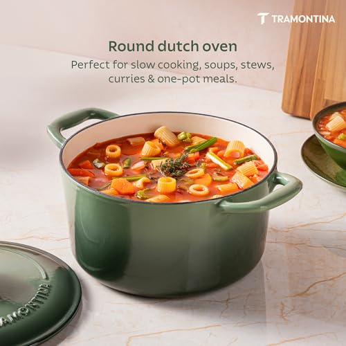 Image of TRAMONTINA Bestow Round Dutch Oven 3.3L with Lid | Enameled Cast Iron Casserole Pot & Biryani Pot | Even Heat Retention | Low Oil Healthy Cooking | No Seasoning Required | All Cooktops Compatible | Green