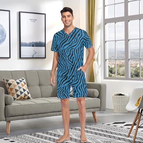 Blue Zebra Print Men’s Pajama Sets Short Sleeve Shirt and Pants with Soft Touch Fabric 6
