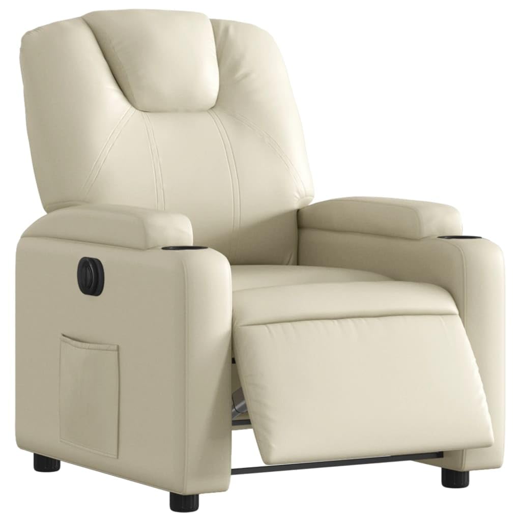 Sillón de relax eléctrico de piel sintética con función reclinable, 135 grados, soporte para bebidas y bolsillo lateral, marco de madera y metal, soporta hasta 110 kg, color crema