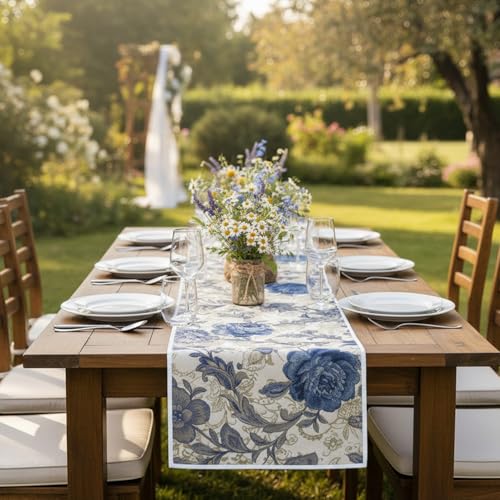 Chemin de table en coton fleurs lavable blanc bleu protège table dîner et mariage