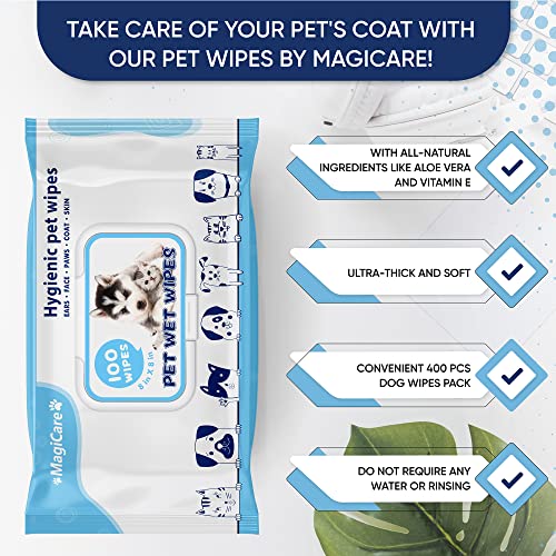 Magicare Pet Wipes – 400 Pcs Dog Wipes – 8X8 Inch Unscented Dog Paw Cleaner Wipes For Body, Ears, Face, And Skin – Ultra Thick & Soft With Hypoallergenic Formula – Ideal Pet Wipes For Dogs & Cats #TOP2