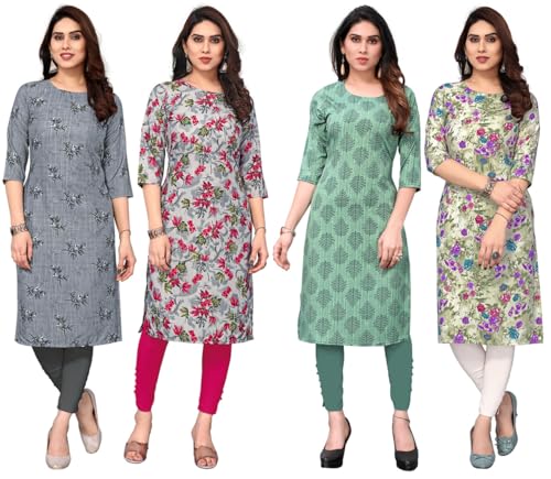 Image of JAKHANA Women's Crepe Printed Casual Straight Calf Length Round Nick Kurta Pack of 4