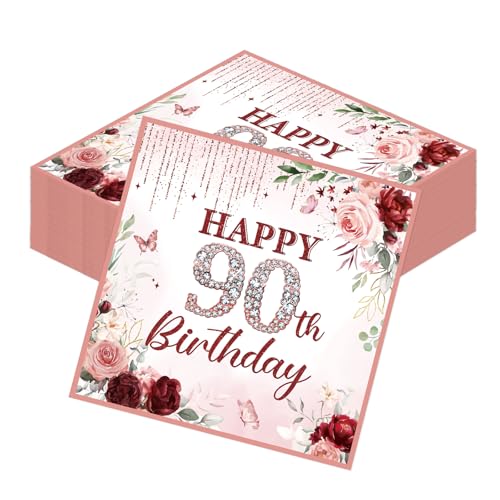 Elomy 90th Birthday Decorations for Women 50PCS Burgundy Birthday Party Disposable Paper Napkins Decorations for Women 90th Bday Napkins Decor for Grandma Woman