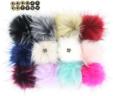 SUSULU Faux Racoon Fur Pom Pom Fluffy Balls with Snap Fasteners Detachable Pompom for Knitted Accessories Hats Scarf Charm Assorted Colors 4.3 inch Pack of 12 pcs