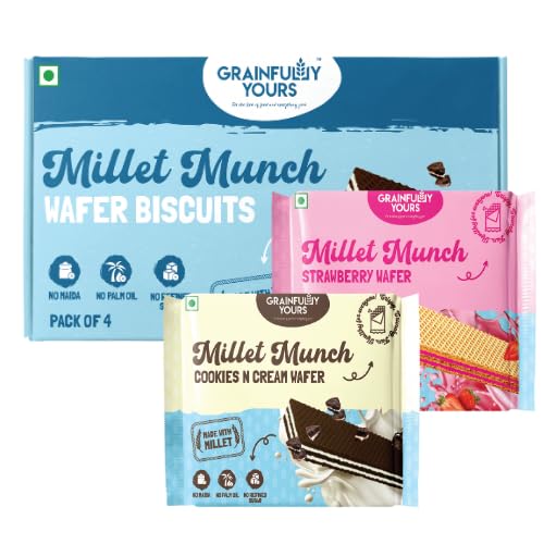 Grainfully Yours - Millet Munch - Wafer Biscuits - Cream filled Wafer sticks, No Maida, No Preservatives, No Palm Oil, Gluten Free, Jowar and Bajra, Cookies and Cream & Strawberry falvour (Pack containing 4*64gm each) (Variety Pack (Cookies & Cream and Strawberry Combo))