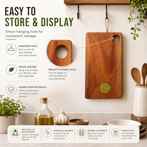 Image of Wooden Chopping Board for Kitchen | Single Block Acacia Chopping Board Wood | Wooden Chopping Board | Cutting Board Wooden for Vegetables, Fruits & Meat | Serving Board (38 x 20 x 1.5 cm)