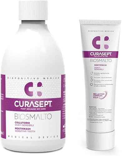 Kit Biosmalto Denti Sensibili Curasept | Dentifricio 75 ml + Collutorio 300 ml | Protezione Smalto, Remineralizzazione e Sollievo dalla Sensibilità