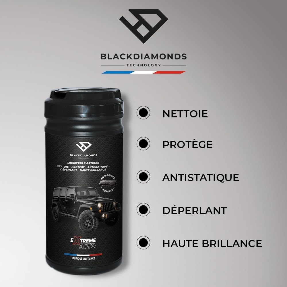 BlackDiamonds - Lingettes Nettoyantes pour VOITURE - 5 Actions - Nettoie, Protège, Antistatique, Déperlant & Haute Brillance - Sans Eau ni rinçage- 80 Lingettes
