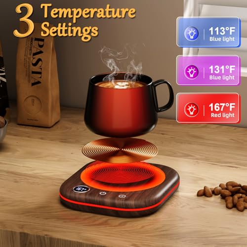 Image of Mug Warmer Upgraded,Coffee Mug Warmer for Desk LEDs Light 3 Temp Settings (113-167F) 1-12H Timer 4 H Auto Shut Off Beverage Cup Candle Warmer for Coffee Tea Milk(Wood Grain)