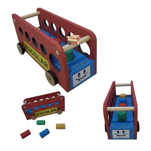 Brinquedo Educativo Pedagógico Em Madeira Carrinho Ônibus + Pinos Geométricos (Ônibus Escolar Vermel
