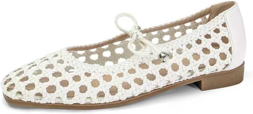 SOVANYOU Womens Ballet Flats Mesh Mary Janes Woven Flats Square Toe Strap Ballerina Flat Comfortable Dress Casual Flat Shoes
