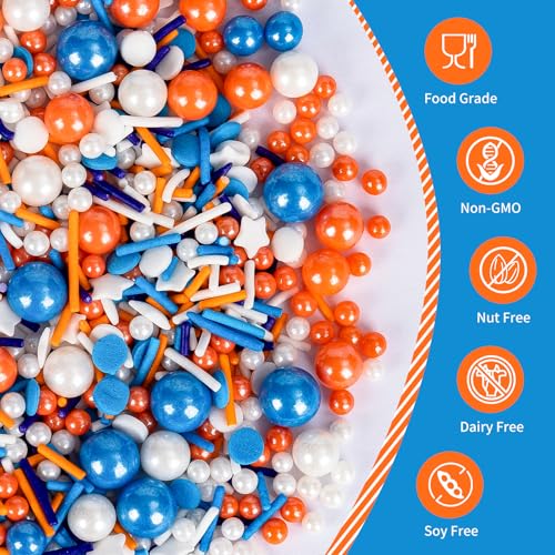 Image of Edible Blue Orange Sprinkles for Cake Decorating,130g White Stars Pearls and Jimmies Mix,Round Sugar Confettis Sprinkle,Cupcake,Cookies,Donut,Basketball Soccer Sports Themed Holiday Dessert Toppings,Birthday Celebration Supplies