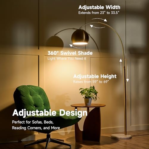 CO-Z 69" Modern Arc Floor Lamp, Gold Standing Light with Adjustable Metal Shade and Marble Base, LED Bulb Included, Contemporary Lighting for Living Room or Sofa - photo 4