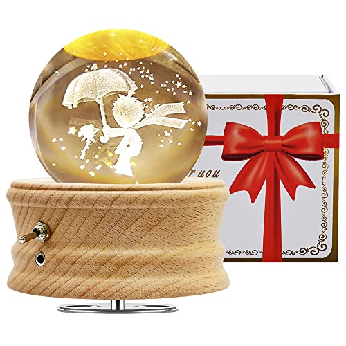 Figermoon 3D Crystal Ball Music Box with Projection LED Light and Rotating Wooden Base, Gift for Birthday Christmas Day, Music Boxes for Women Mom Daughter (Prince)