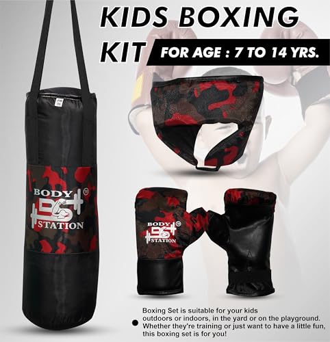 Image of Kids Champ Junior Punching Set | 1 Punching Bag, 1 Head Guard, 2 Gloves | Boxing Training Punching Bag & Gloves for Boys & Girls | for 3 to 10 Years Kids (Set of 4) (Red Camo)