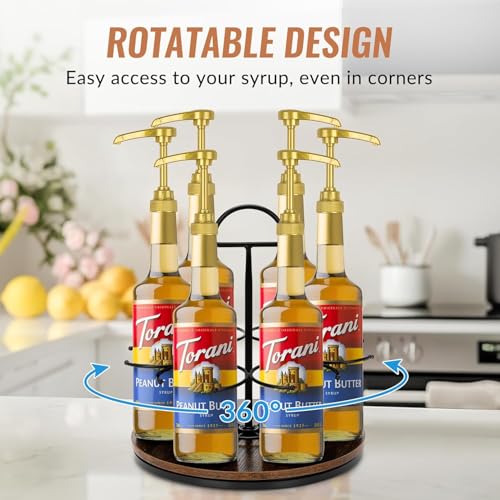 منظم شراب القهوة الدوار يحمل 6 زجاجات، رف شراب القهوة الخشبي لسطح الطاولة، حامل زجاجات كبير لمحطة البار، صينية عرض النبيذ الدوارة