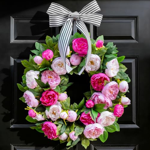 Spring Wreath for Front Door- 24 Inch Summer Wreath Artificial Pink & White Peony Flowers with Black and White Striped Bow Spring and Summer Door Wreath with Hanging Ribbon for Indoor Outdoor Decor