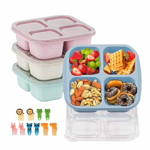 Image of CIGENBON Bento Snack Boxes 4 Pack, Reusable Bento Boxes Kids with 4 Compartments & Fork, Lunch Snack Containers for Kids Adults, Divided Food Storage Containers for School Work Travel (Wheat)