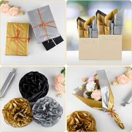 NEBURORA 60 Blatt mehrfarbiges Seidenpapier,Schwarz,Gold,Silber,3 Farben Geschenkpapier dekoratives Kunstdruckpapier für DIY-Abschlussfeiern, Geburtstagspartys, Geschenkverpackungs dekoration