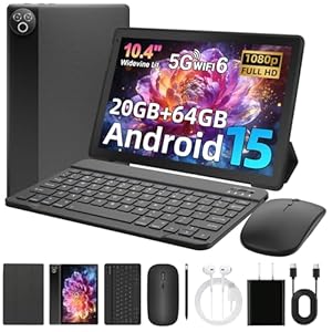 MUISOO Android 15 Tablet, 10.4 inch Tablet, Android Tablets with Keyboard Pen Case Mouse Earphone, 20GB RAM+64GB ROM (TF 1TB), 5000mAh, WiFi 6, BT5.4, Dual Cameras & Speakers, Black