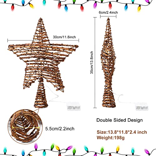 Christmas Rattan Star Treetop,14 Inch Rattan Natural Burlap Star Tree Topper With 20 Warm Lights Rustic Boho Treetop Decoration Xmas Star Treetop For Christmas Tree Ornament Holiday Party Indoor Home #TOP1