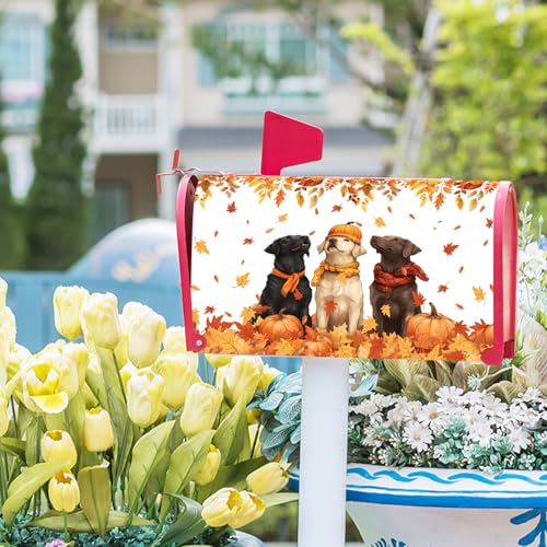 Image of Fall Dog Mailbox Cover Magnetic Standard Size Autumn Themed Pumpkins Maple Leaves Puppy Print Mailbox Wrap Letter Post Cover 21x18Inch for Garden Yard Outside Outdoor Seasonal Decor
