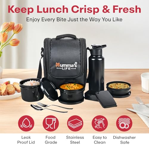 Image of Mumma's LIFE Lunch Box for Office Use - Microwave Safe 3-Container Tiffin Box for Men (250ml, 400ml, 600ml) with BPA-Free Lids, 130ml Pickle Box, 750ml Steel Bottle, Insulated Bag & Steel Cutlery