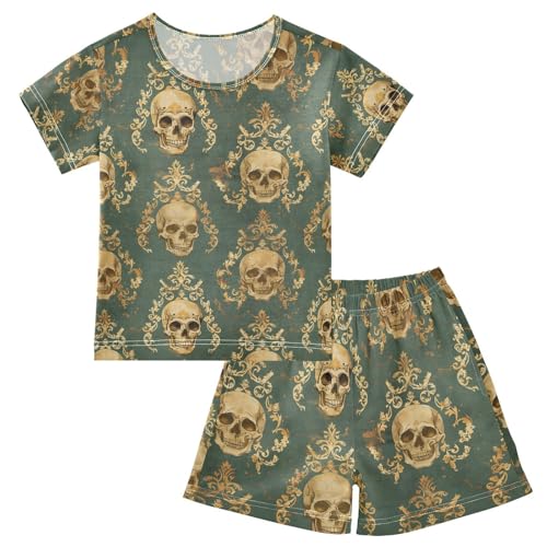 ALAZA Vintage Sugar Skull Green Pajamas Set Short Sleeve Cotton Sleepwear Summer Pjs 2 Piece 5-14Y