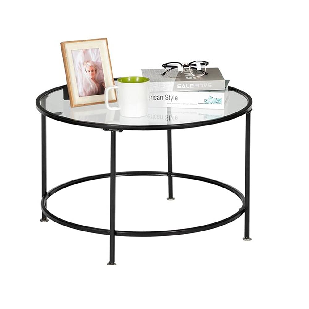 DERTHWERDERTHWER 【US Direct Purchase Black 2-Layer 5mm Thick Tempered Glass Countertop Round Wrought Iron Coffee Table