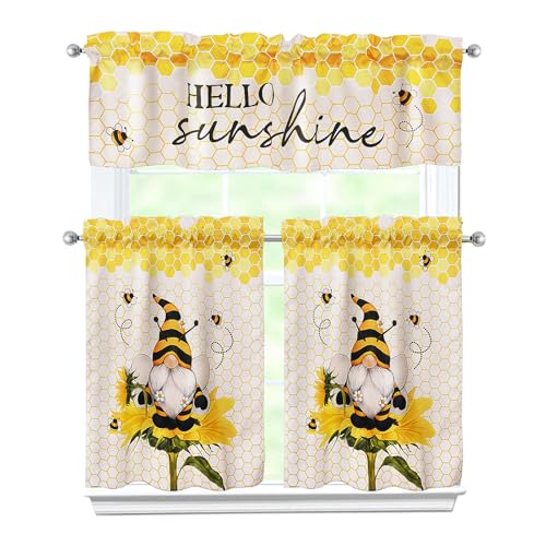 Zifmrtrwn Spring Summer Kitchen Curtains 3 Piece Set Summer Bees Gnomes Curtains Valance & Tiers for Kitchen Home Indoor Cafe 36 Inch Short Window Curtain Over Sink Window Farmhouse Spring Decor