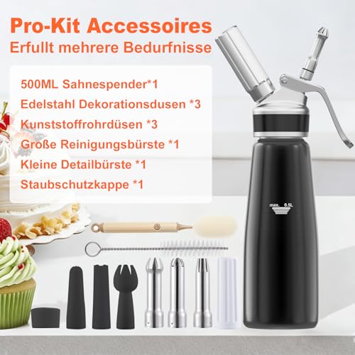 Sahnespender 500 ml, Professioneller Aluminium Sahnesiphon, mit 3 Edelstahl Deko-Düsen 3 Kunststoffdüsen und 2 Reinigungbürste, Auslaufsicherer sahnesiphon für die Zubereitung von Schlagsahne, Creme,
