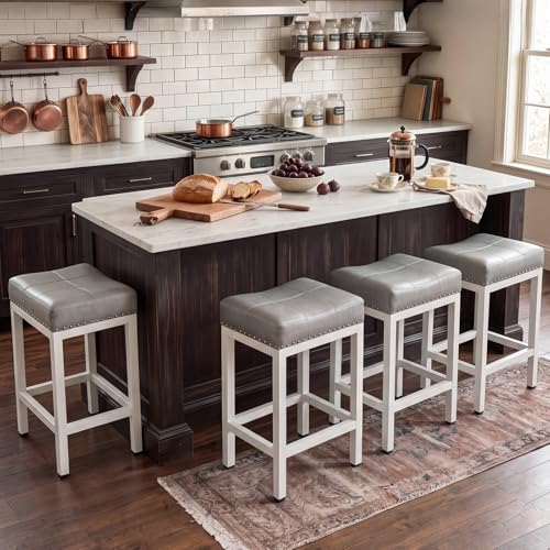 DUMOS 24 Inch Counter Height Bar Stools Set of 4 Backless Saddle Bar Stools with PU Leather Seat Metal Base & Footrest for Kitchen Island Dining Room Grey