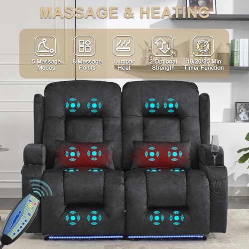 Image of URRED Power Loveseat Recliner Sofa with Massage and Heat, Wall Hugger Reclining Loveseat, RV Couch Home Theater Seating with LED Lights for Living Room (Dark Grey, 54 inch - 2 Seats)