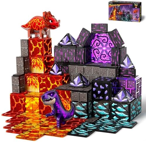GobiDex Dinosaur Toys Magnetic Tiles Lava Cave Dinosaur World Set - Magnetic Blocks Building Toys for Kids 3-5 4-8, STEM Sensory Toddler Birthday Gifts for Boys Girls Age 3+ Year Old