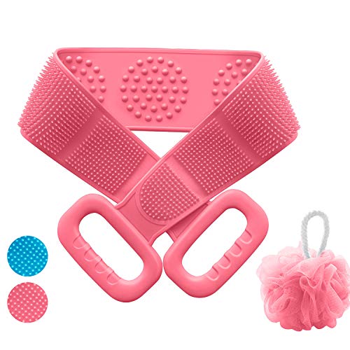 Back Scrubber for Shower with Loofah, Anseya 31.5 Inch/80cm Silicone Body Brush, Extra Long Exfoliating Body Scrubber With Handle for Men and Women Deep Clean(Pink)