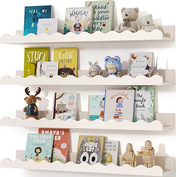 Nursery Wall Bookshelves Front Facing Wave Design Floating Shelves for Kids Room Playroom or Nursery Modern Wall Mounted Storage for Books Toys and Decor (Pack of 4) (White)-image-23