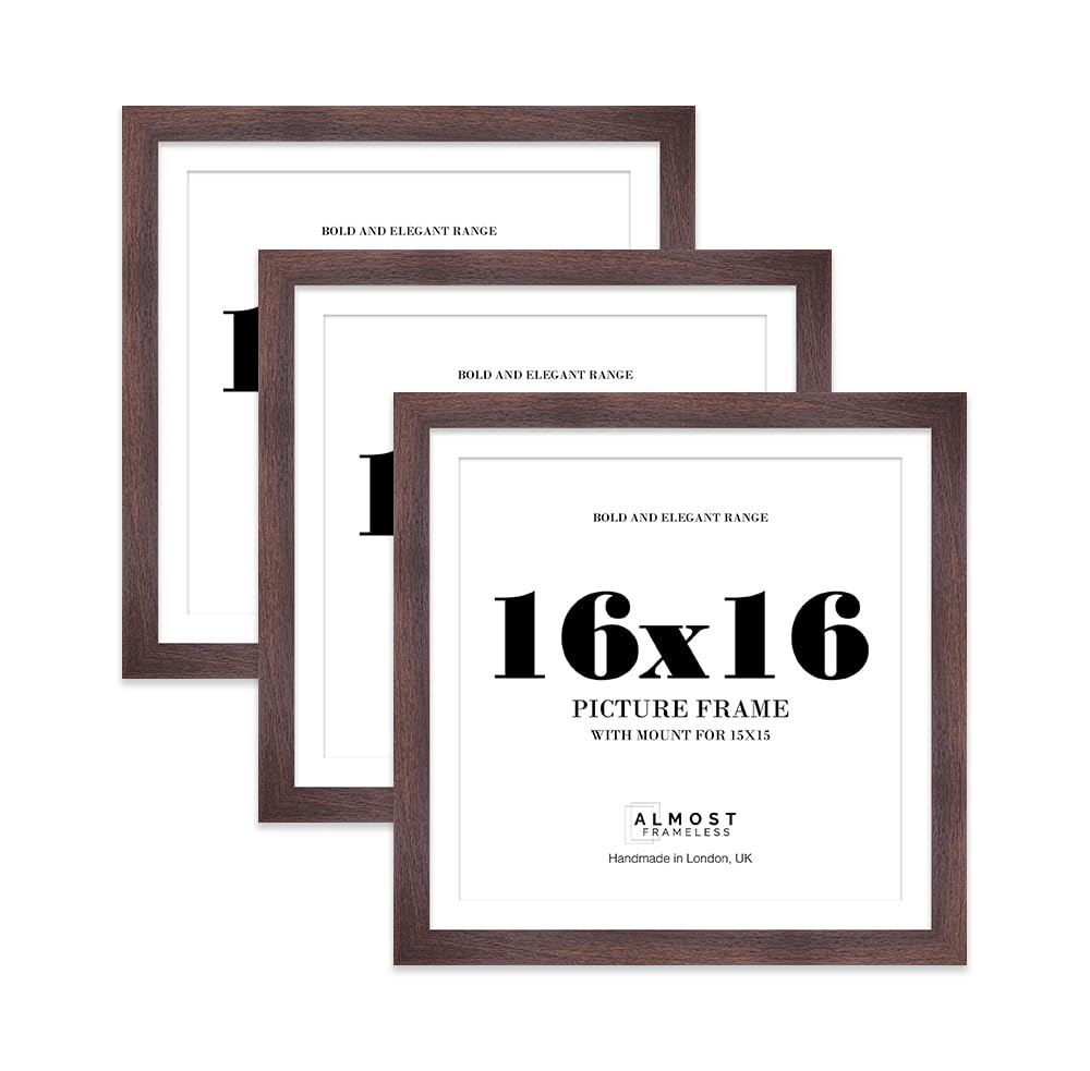 16x16" Walnut Square Frame With Mount for 15x15" Pictures 28mm Edge Frame Display with Wall Hooks, 3 Pack