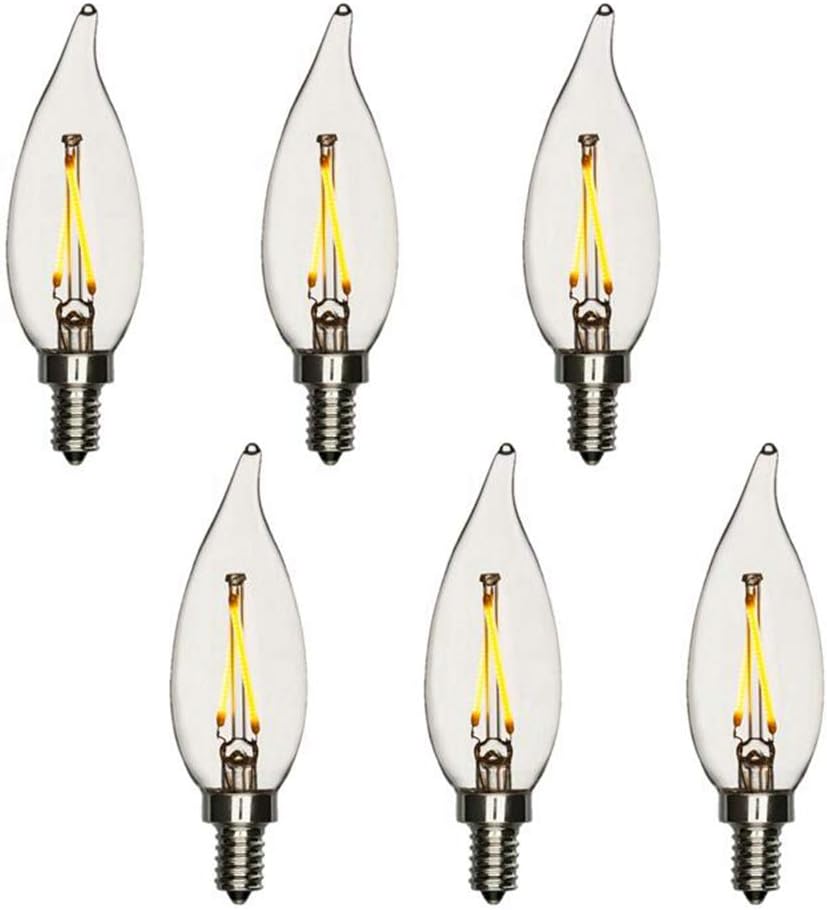 25W Equal LED Candelabra Bulb Bent Tip 2 Watts Warm White 2700K E12 Base Filament Style Chandelier Bulb. UL Listed, RoHS Compliant - 6 Pack